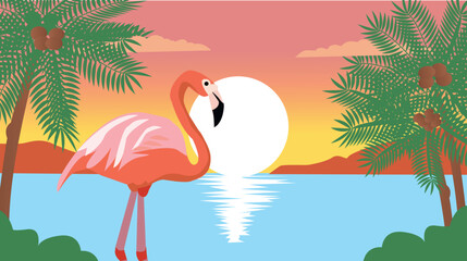 flamingo standing in water at sunset with palm trees and a glowing sun in the background