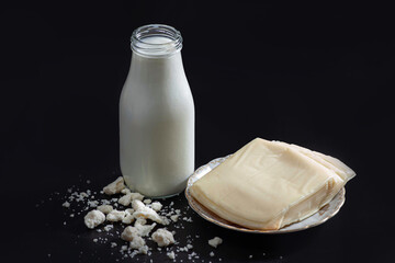 Dairy products food and drink on a black background
