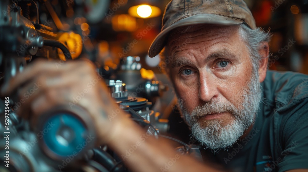 Poster an older man with a cap and beard intensely focuses on repairing an engine, illustrating dedication 