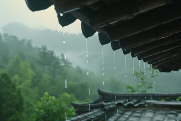 Serene Rainfall over Traditional Eaves in a Misty Mountain Landscape