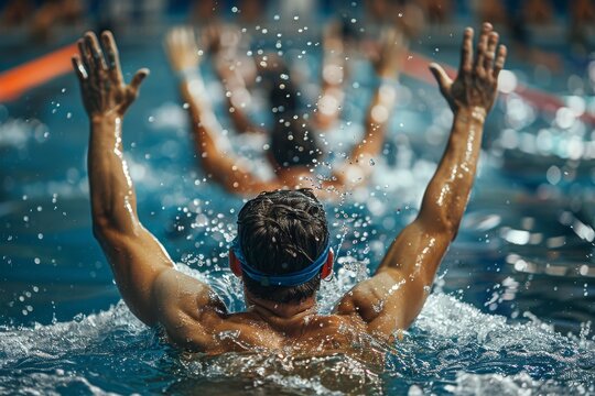 Silhouetted swimmers with arms raised above water create a striking image conveying joy and achievement, encapsulating the competitive spirit and bond of camaraderie.