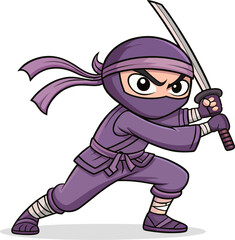 Cute Purple Ninja Cartoon Vector in Attack Pose with Katana Sword