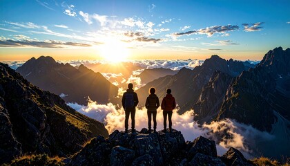 Hikers Enjoying a Mountain Peak Sunset Above the Clouds