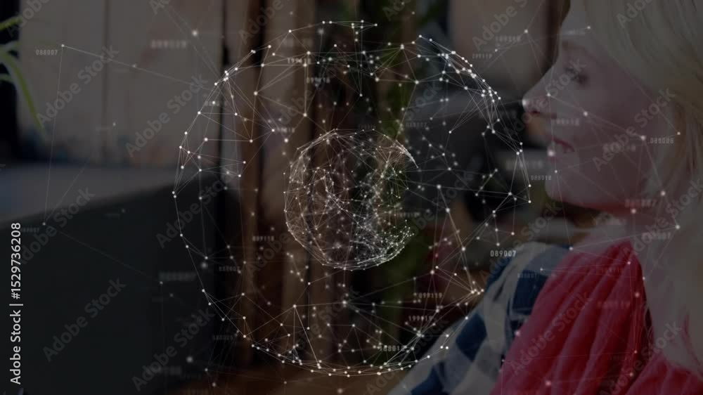 Poster woman tapping and swiping tablet screen and exploring tech data globe rotating above workspace