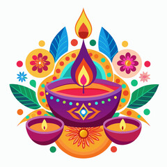 Traditional Diwali Oil Lamp and Rangoli Vector on White Background