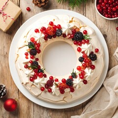 Pavlova en forme de couronne aux fruits rouges, dessert traditionnel, avec meringue et crème chantilly,. Generated image