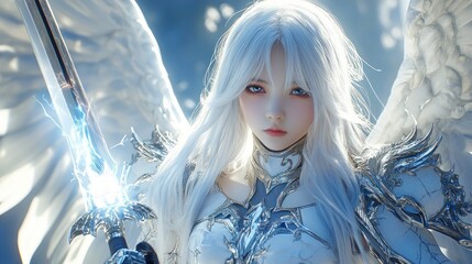 An anime style angel girl wearing elaborate heavenly armor, holding a shining sword, background wallpaper AI generated image
