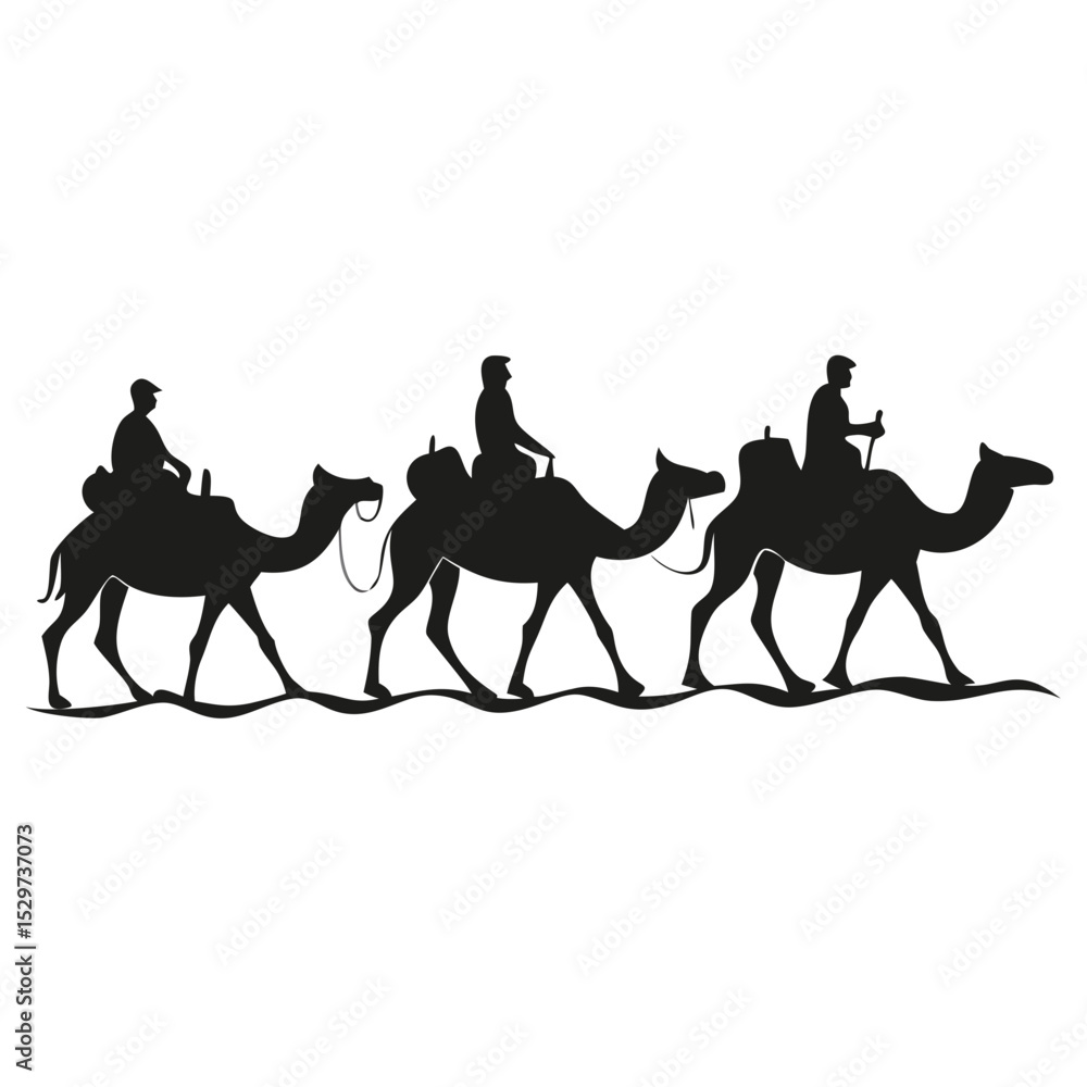 Poster silhouette of three camels with riders traversing a desert landscape in a monochromatic illustration