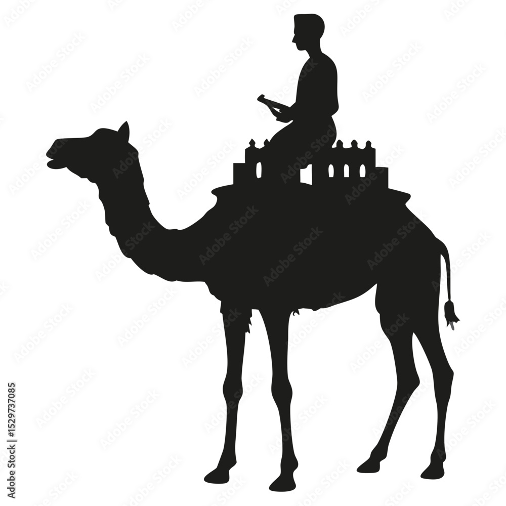 Poster silhouette of a man reading on a camel with a building on its back in a black and white drawing crea