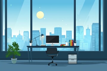 Modern Office Workspace with City Skyline at Sunrise Through Large Windows