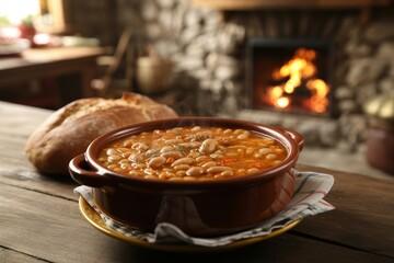 Warm and hearty stew simmering by a cozy fireplace on a chilly evening in a rustic kitchen