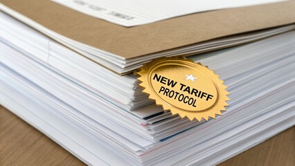 Increase trade taxes concept. Stacks of documents with a prominent gold seal labeled "New Tariff Protocol," suggesting importance in business or legal contexts.