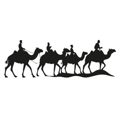 Silhouette of a caravan of four camels with riders traveling across a desert landscape in black and white created with generated ai