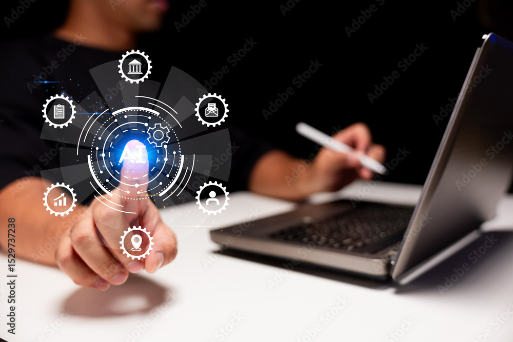 Poster a person interacts with a digital ai interface on a laptop, highlighting futuristic technology and a