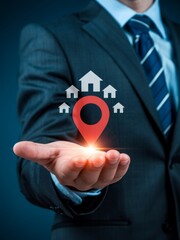 Real Estate Location Concept with Businessman Holding Map Pin and House Icons