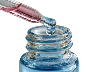 Dropping pink serum from pipette into blue bottle laboratory clean environment