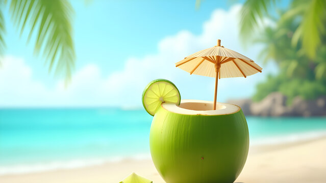 Fresh green coconut with lime and umbrella on tropical beach