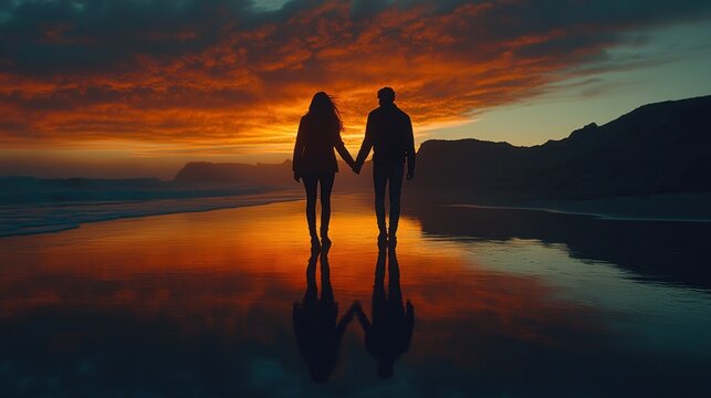 Silhouettes of couple walking on beach at sunset - Powered by Adobe