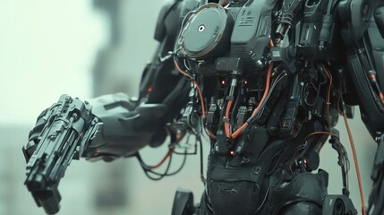 Fototapeta premium Cyber ​​robot soldiers with cables and wires on their bodies, advanced weaponry installed, background wallpaper AI generated image