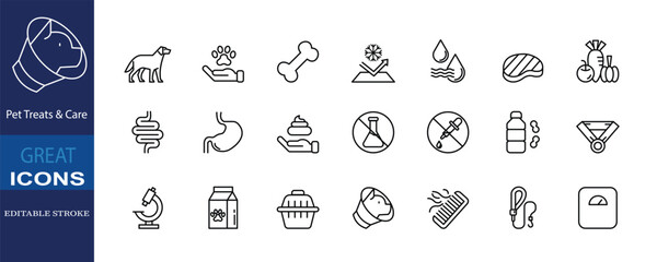 This editable stroke icon set features 21 clean and minimal line icons focused on pet treats and animal care. Including symbols of pet nutrition, digestion, hygiene, natural ingredients, lab testing.
