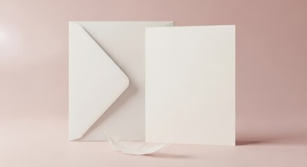 Elegant stationery mockup featuring a blank card, envelope, and delicate feather on a pink backdrop.