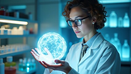 Female scientist with curly hair and glasses holding a glowing orb in a lab, showcasing innovation and discovery.