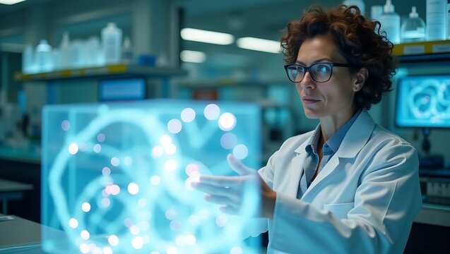A female scientist examines a holographic representation of molecular structures in a modern lab.