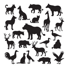 Collection of various animal silhouettes black and white