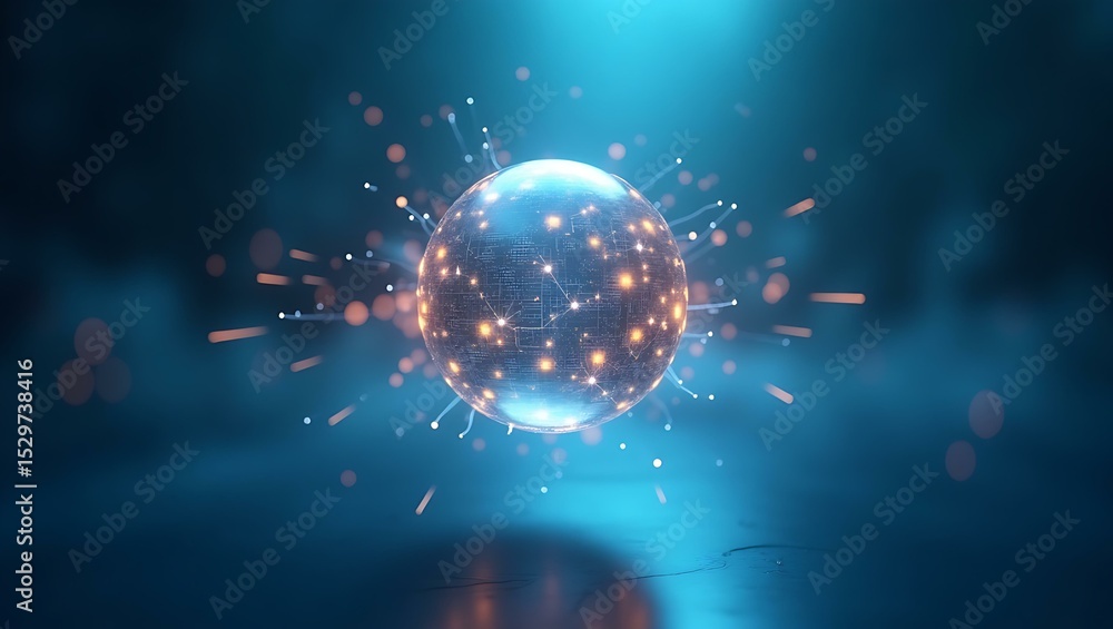 Poster a captivating 3d rendering of a glowing sphere surrounded by light particles in a blue ambiance.