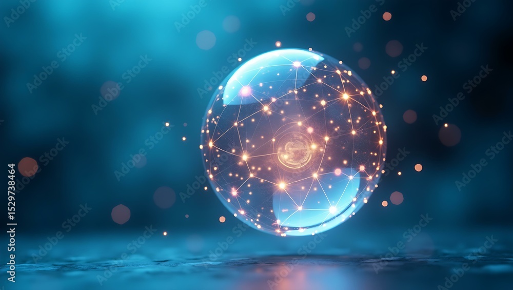 Aufkleber a glowing spherical network with intricate connections against a soft blue background, creating a fu
