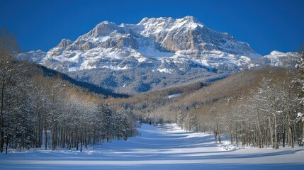 Snowy mountain range, pristine ski run through aspen trees