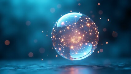Fototapeta premium A glowing spherical network with intricate connections against a soft blue background, creating a futuristic and ethereal ambiance.