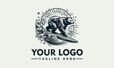 Detailed engraved illustration of a bear surfing on a wave with a sunburst and palm tree in a circular frame. Summer adventure concept