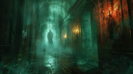 Obraz premium A hauntingly beautiful image of a foggy, abandoned hallway with dim lighting, creating an eerie and mysterious atmosphere, perfect for evoking suspense and intrigue.