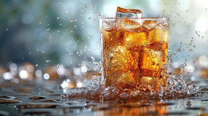 A close-up view of a glass filled with refreshing iced beverage, splashes of liquid and ice cubes creating a lively atmosphere, perfect for showcasing drinks or summer vibes.
