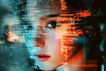 Woman's face with digital overlay in blue and orange tones creating a futuristic cybernetic effect