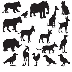 Collection of various animal silhouettes black and white