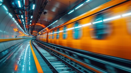 A vibrant view of a fast-moving subway train within a modern tunnel, illustrating the dynamic nature of urban transportation and the energy found in city life and movement.