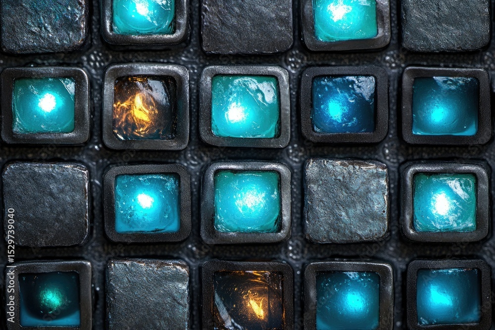 Poster glowing teal and amber squares embedded in a dark stone grid.