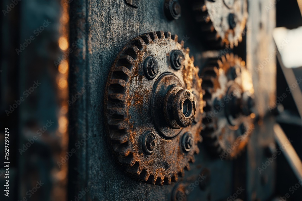 Poster close-up of rusty, interconnected gears on an aged machine, showcasing intricate details and texture