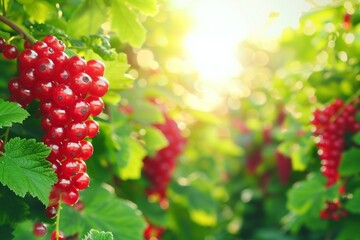 Luscious Red Currants Glowing Under the Warm Sunlight in a Vibrant Summer Garden