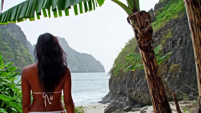 A woman with flowing dark hair, clad in a white bikini, takes in the picturesque ocean scene from a hidden sandy beach, featuring prominent banana trees and dramatic, verdant cliffs.