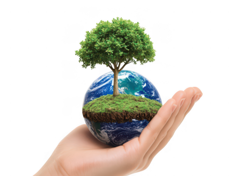 Hand holding earth with a small green tree