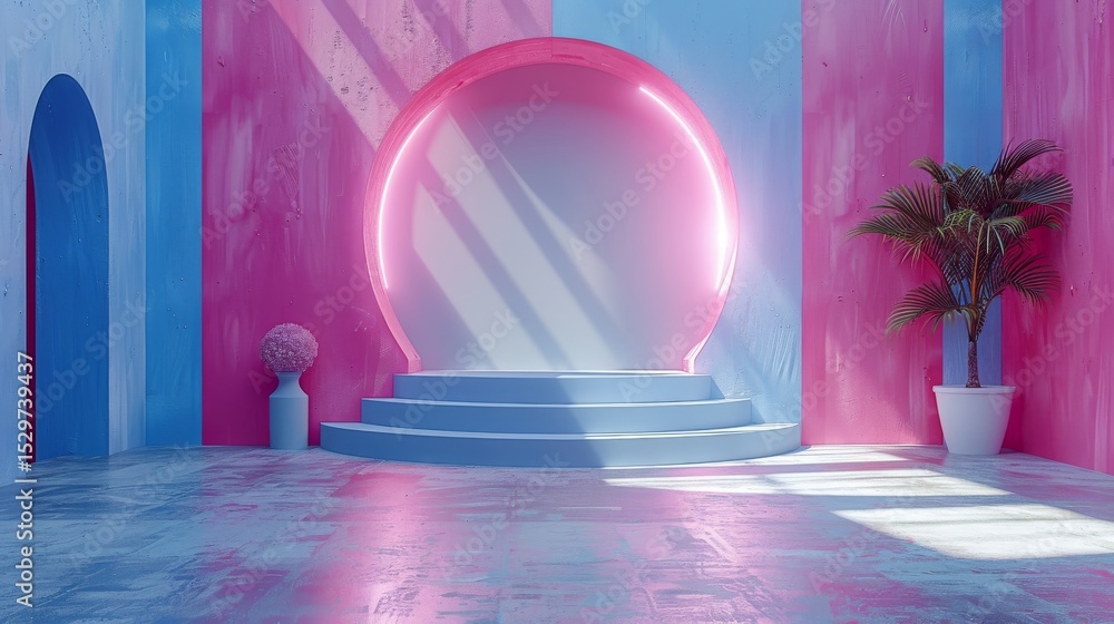 Poster an artistic set design featuring bold pink and blue walls, illuminated with soft light creating a fu