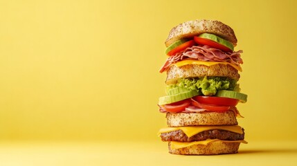 Stacked sandwich with layers of fresh vegetables, meats, and cheese, set against a vibrant yellow background, showcasing appetizing food presentation and culinary creativity