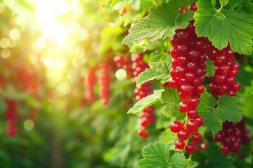 Sunlit Red Currants: Vibrant Berries Hanging in Lush Greenery under Soft Morning Light