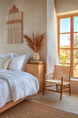 Room with a Mediterranean atmosphere: A serene and bright space, with a bed in light tones, a wooden bedside table and a wicker chair. The space is complemented by a large window that reveals a natura