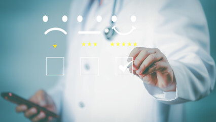 Concept of rating of medical services on the Internet concept.Button healthcare key rating on...