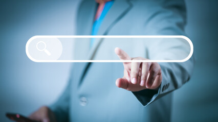 SEO and digital growth strategy concept with magnifying glass, search bar, and analytics graph....