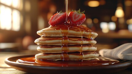 Stack of pancakes drizzled with syrup, topped with strawberries